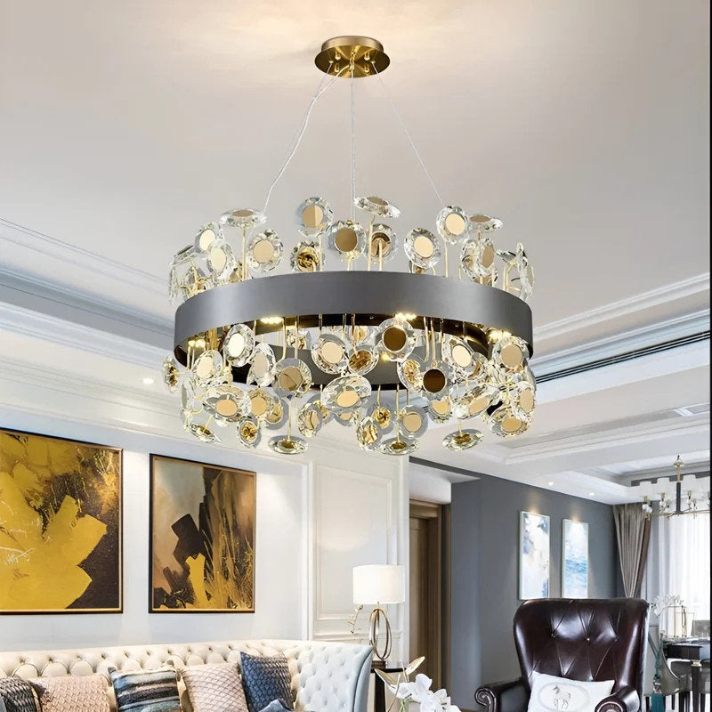 Art Deco Round Crystal Chandelier For The Living Room, Black, 39.4"By Miron Demid LLC