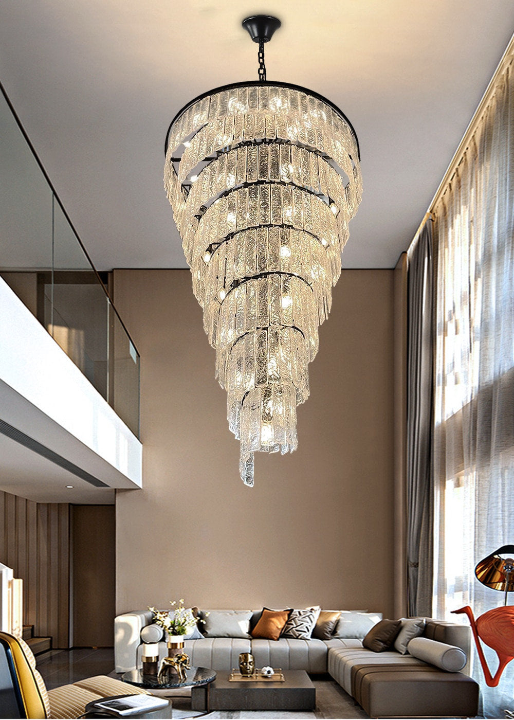 Elegant Frosted Glass Long Black Chandelier For Staircase, Dia15.6"By Miron Demid LLC