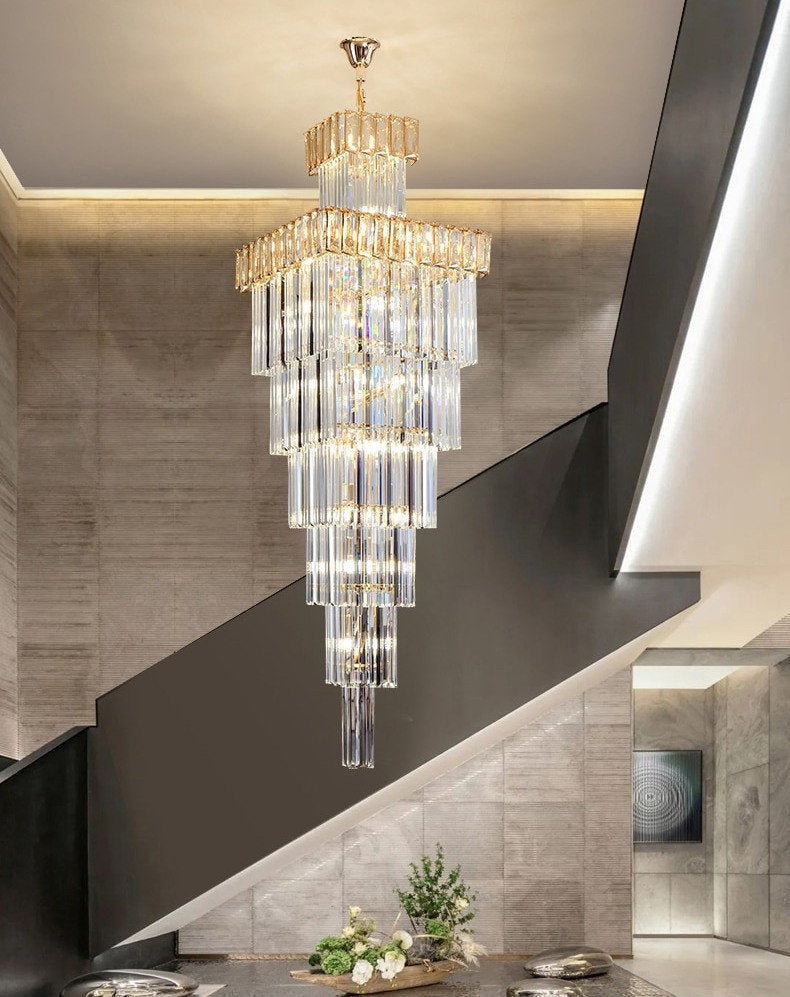 Beuil | High-end Villa Staircase Square Crystal Chandelier, Amber, H157.5"By Miron Demid LLC