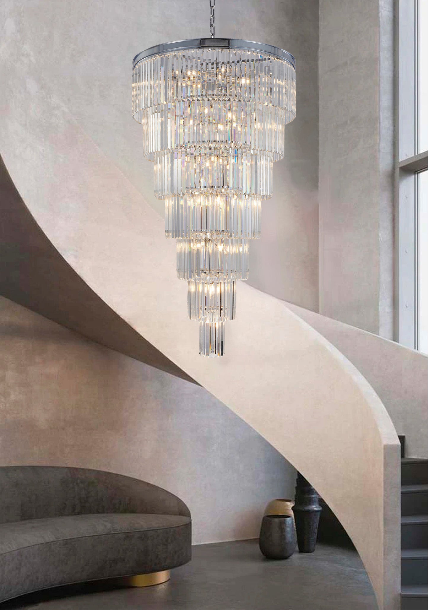 36" 34-Light Brass Metal 7-Tier Chandelier With Clear Crystals, Chrome, D36'' H72''By Design Living