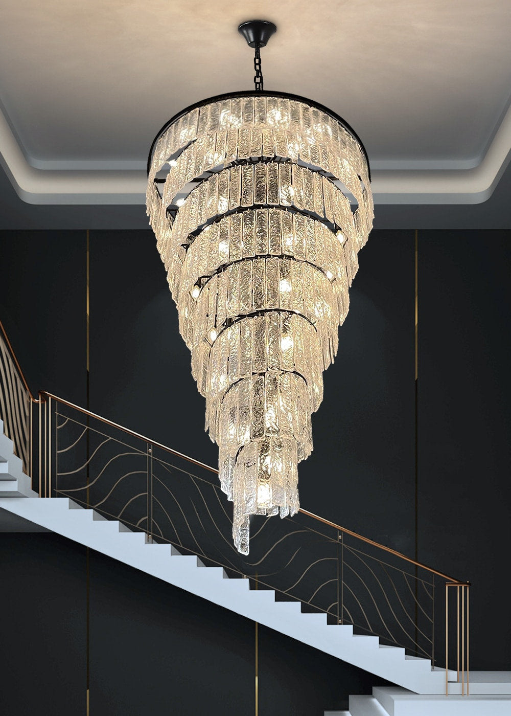 Elegant Frosted Glass Long Black Chandelier For Staircase, Dia15.6"By Miron Demid LLC
