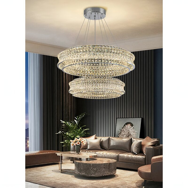 Albano Vercellese | Chic Chrome/Gold Creative Round Crystal Chandelier, Gold, 2 Rings - Dia31.5+23.6xh6.7+6.7" / Dia80+60xh17.7+17.7cm, Warm LightBy Miron Demid LLC