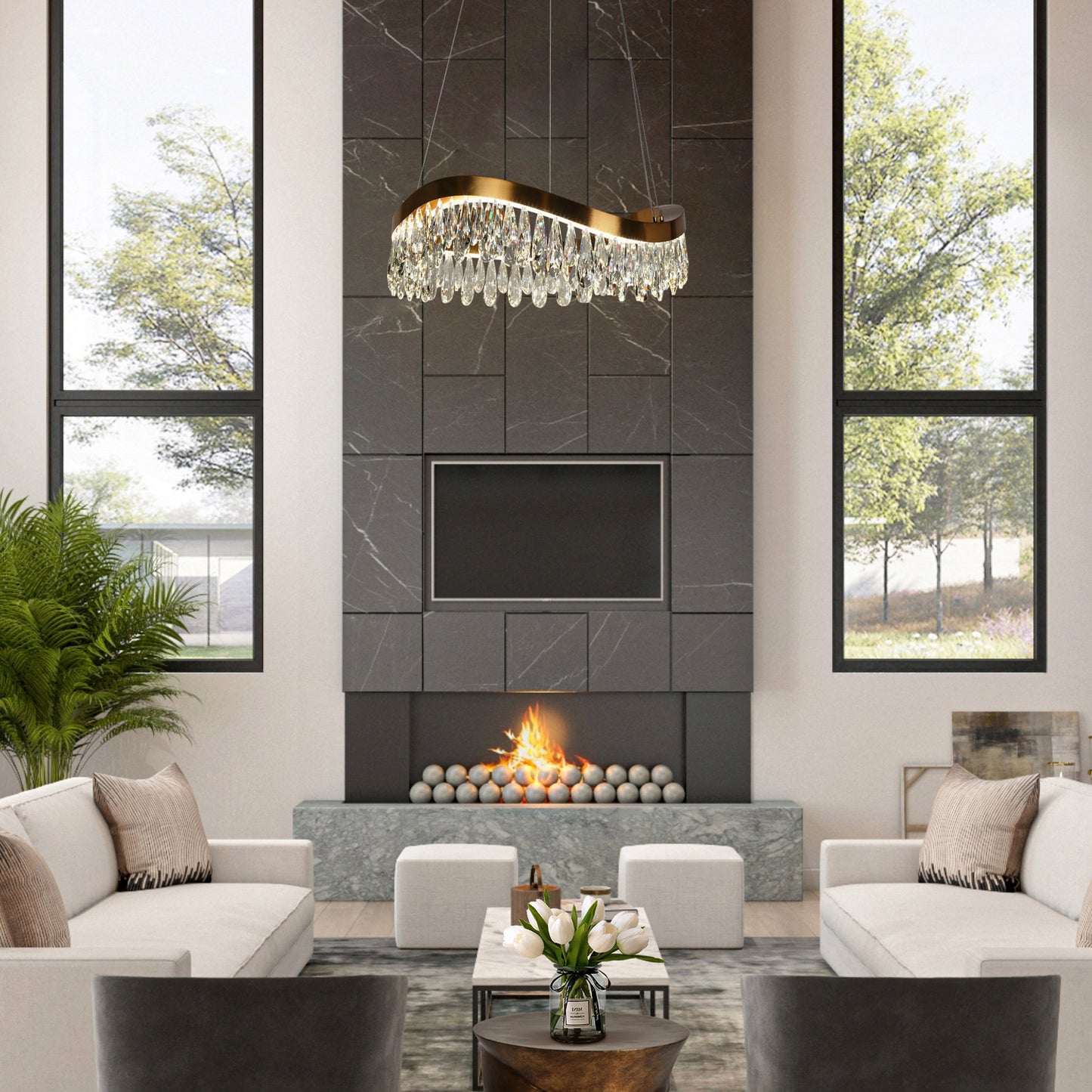 LNC Broderick 1-Light 25.6" Modern Empire Crystal LED Chandelier, BrassBy LNC