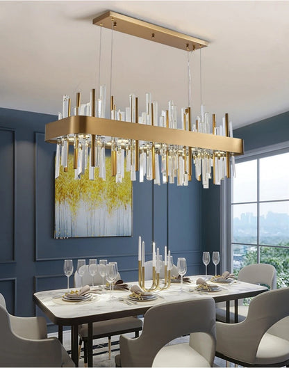Gold And Black Rectangle Crystal Kitchen Chandelier, Brushed Gold, 43.3", Cool LightBy Miron Demid LLC