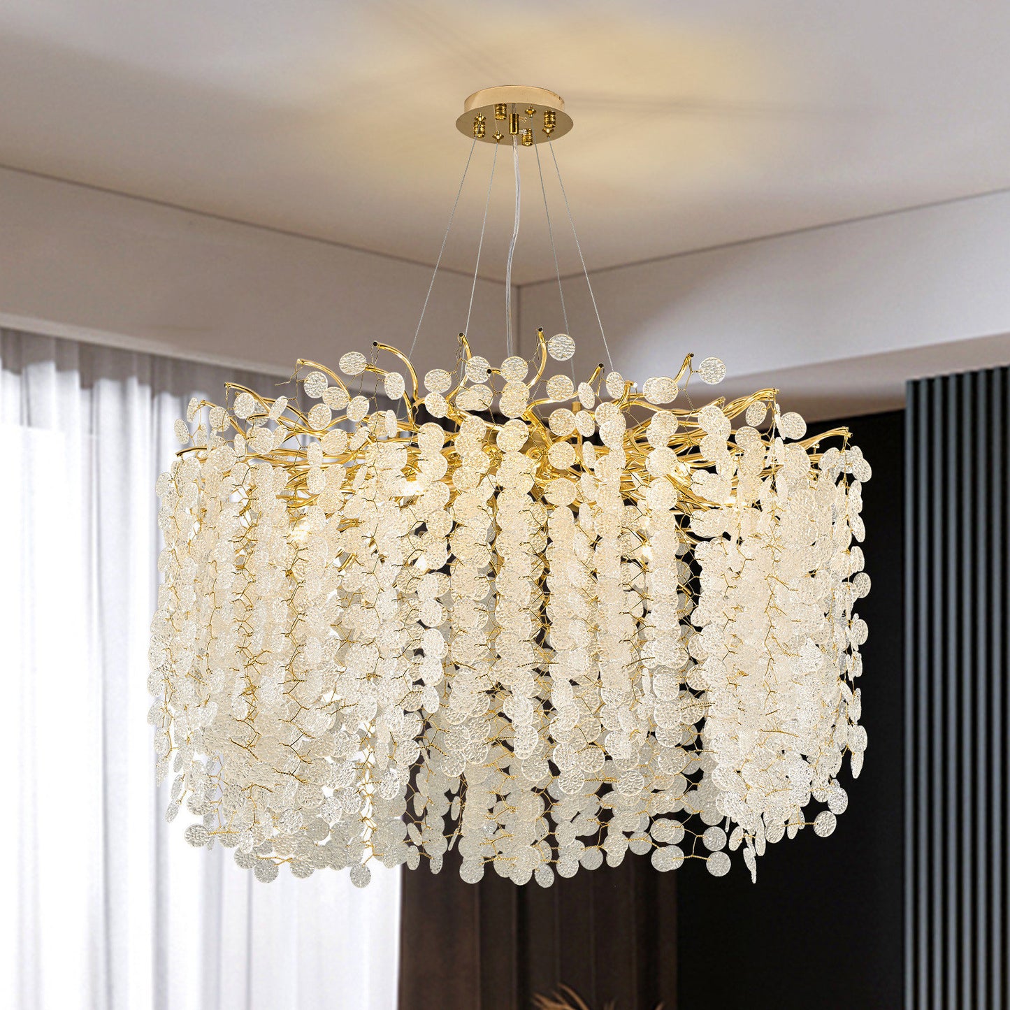 Akari Lanterns Tree Branch Glass Art Gold Coin Chandelier Lighting, D 32"By Akari Lanterns
