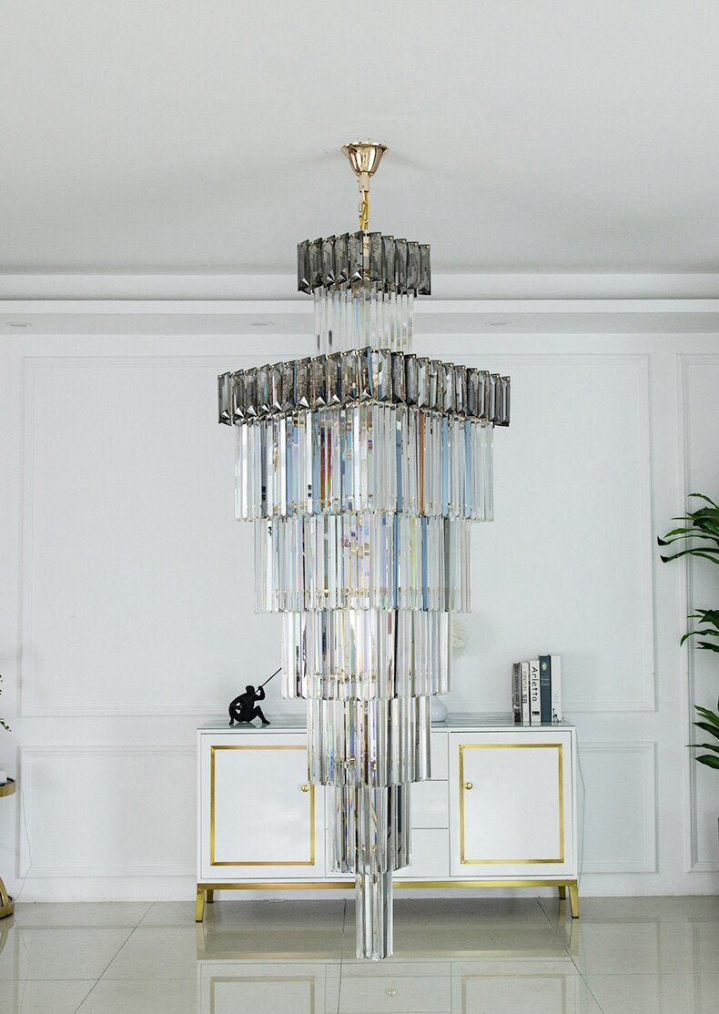 Beuil | High-end Villa Staircase Square Crystal Chandelier, Smoke Gray, H70.9"By Miron Demid LLC