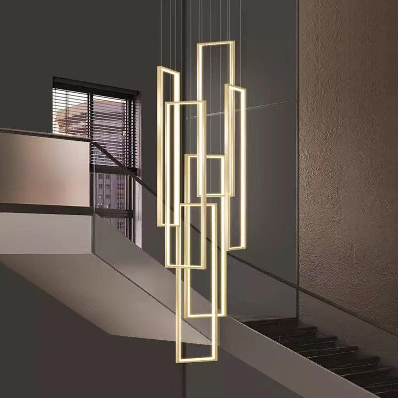 Lavagna | Ultramodern Rectangle Hanging LED Chandelier, Gold, 6 Lights (H196.9"), Cool Light, DimmableBy Miron Demid LLC