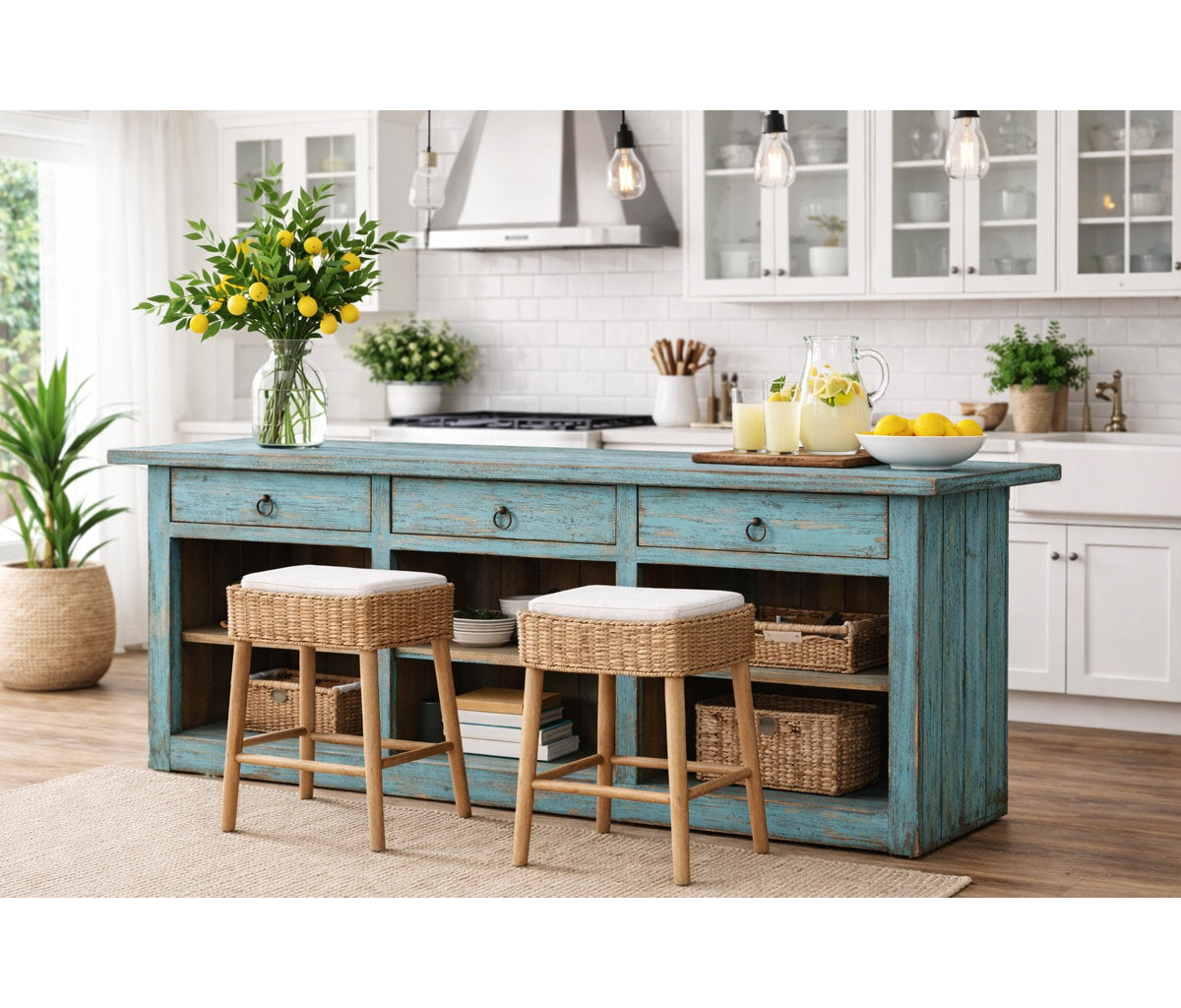 Approx. 91 Inches Wide  Counter Table with Three Drawers Distressed Blue