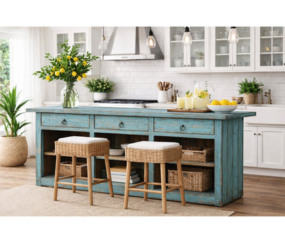 Approx. 91 Inches Wide  Counter Table with Three Drawers Distressed Blue