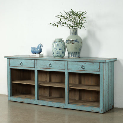 Approx. 91 Inches Wide  Counter Table with Three Drawers Distressed Blue