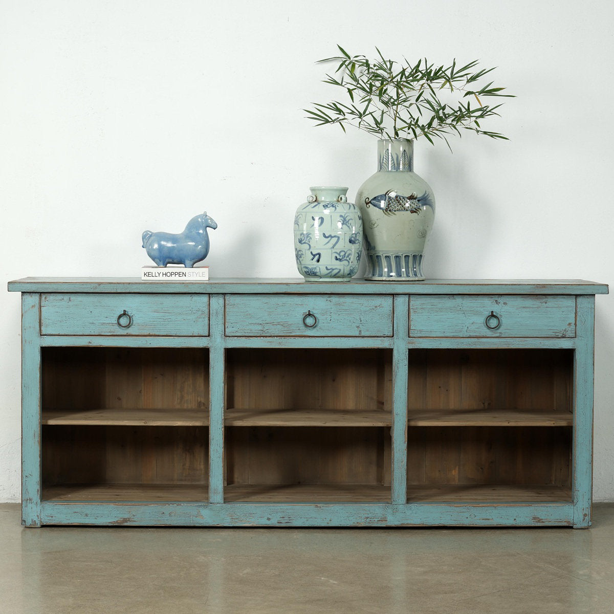 Approx. 91 Inches Wide  Counter Table with Three Drawers Distressed Blue