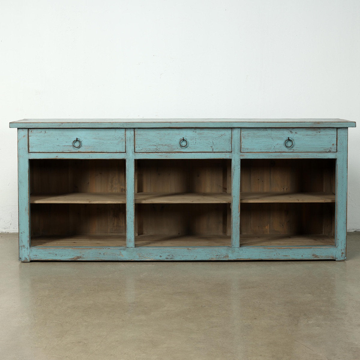Approx. 91 Inches Wide  Counter Table with Three Drawers Distressed Blue