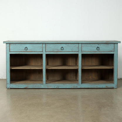 Approx. 91 Inches Wide  Counter Table with Three Drawers Distressed Blue