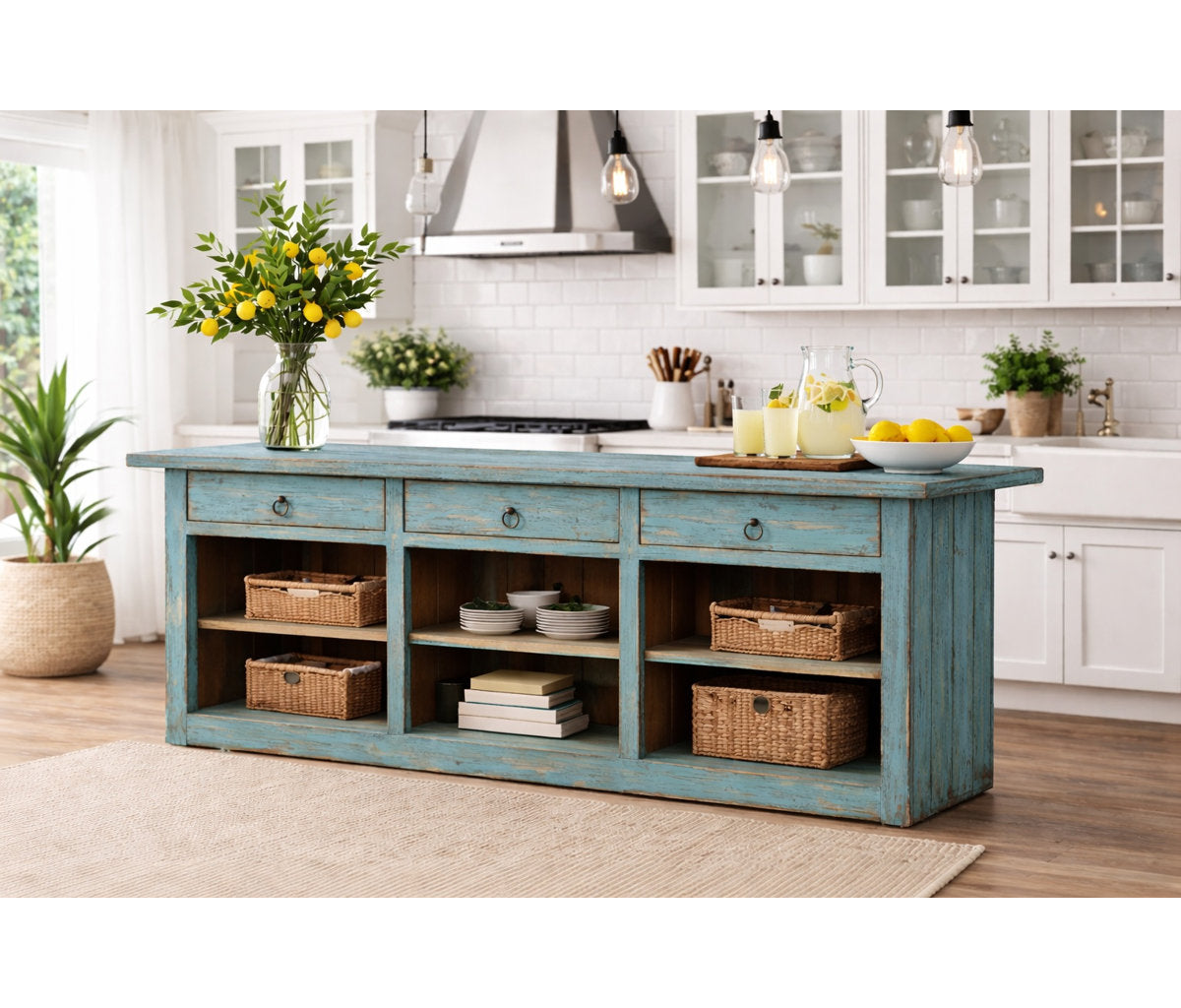 Approx. 91 Inches Wide  Counter Table with Three Drawers Distressed Blue