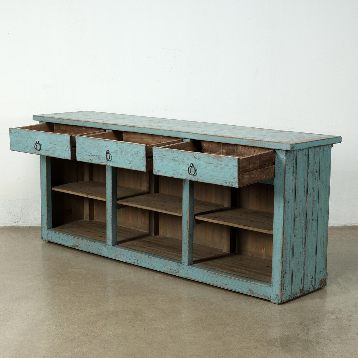 Approx. 91 Inches Wide  Counter Table with Three Drawers Distressed Blue