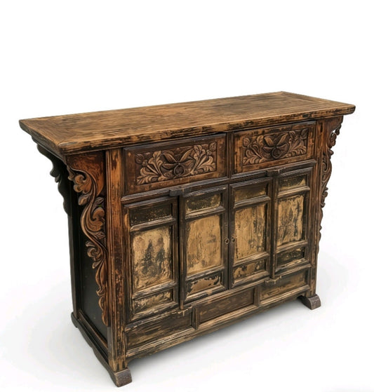 Carved Elm Dual-Drawer Cabinet