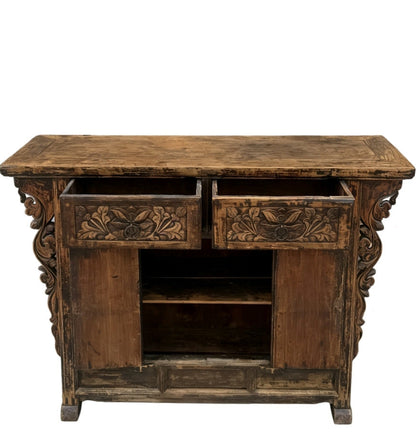 Carved Elm Dual-Drawer Cabinet