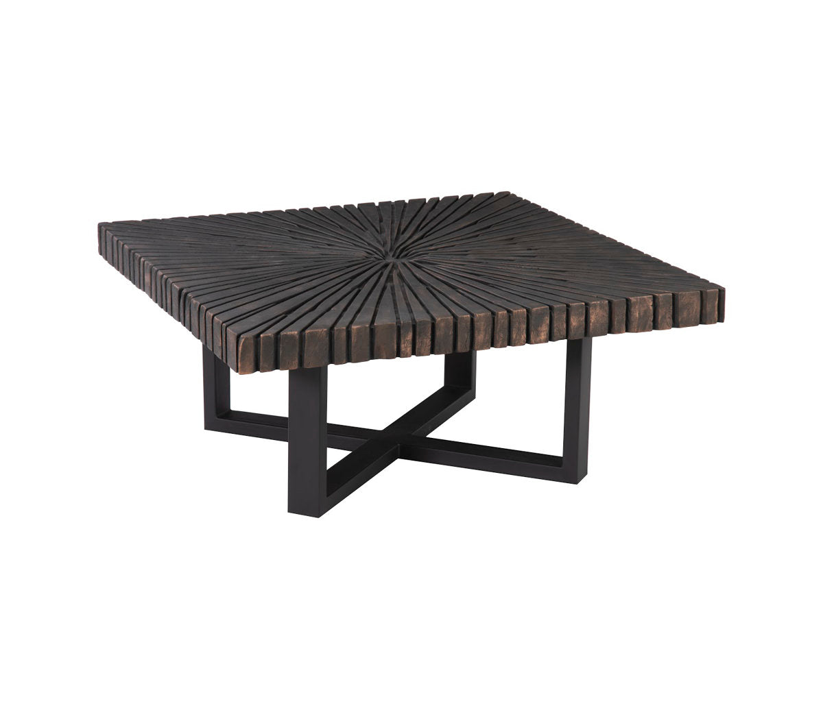 Chainsaw Coffee Table, Square, Black Iron Cross Base, Black/Copper