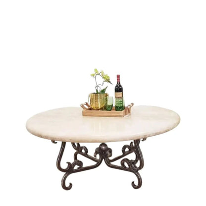 Cream Travertine Round Coffee Table 鈥?Natural Stone Top With Hand-forged Iron Base 鈥?Sophisticated Centerpiece For Indoors Or Patios
