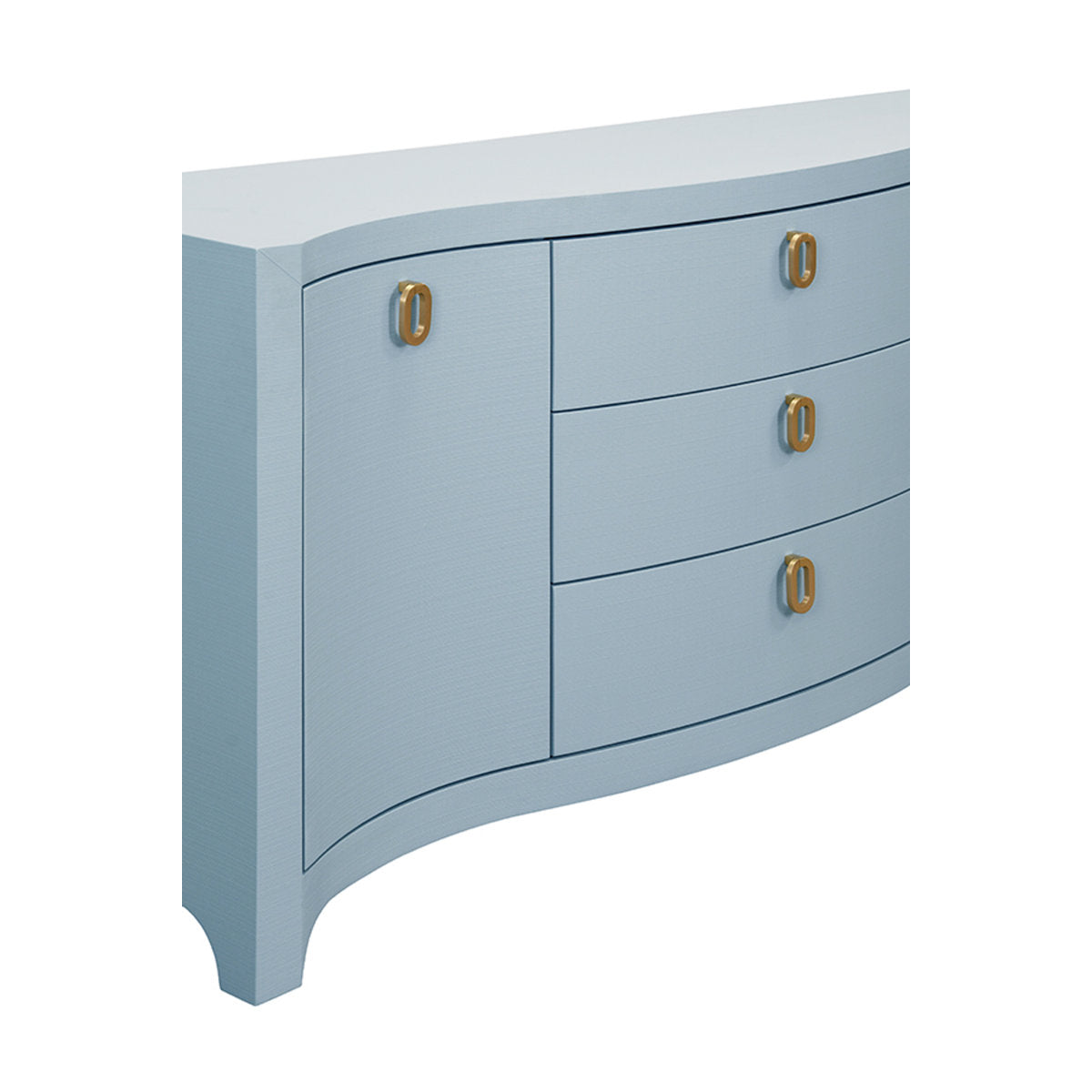 Curved Front Two Door Three Drawer Buffet In Textured Light Blue Linen With Satin Brass Ring Hardware