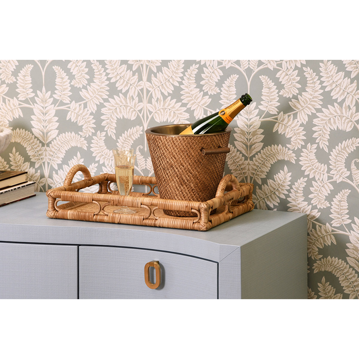 Curved Front Two Door Three Drawer Buffet In Textured Light Blue Linen With Satin Brass Ring Hardware