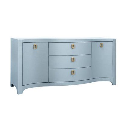 Curved Front Two Door Three Drawer Buffet In Textured Light Blue Linen With Satin Brass Ring Hardware