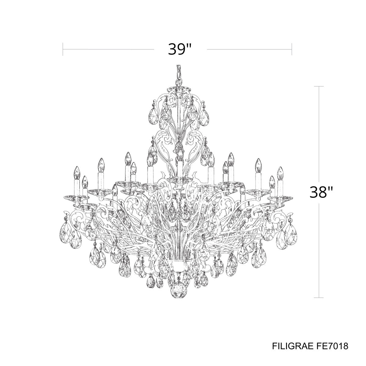 Filigrae 18 Light 39in x 38in Chandelier in Antique Silver with Clear Heritage Handcut Crystals
