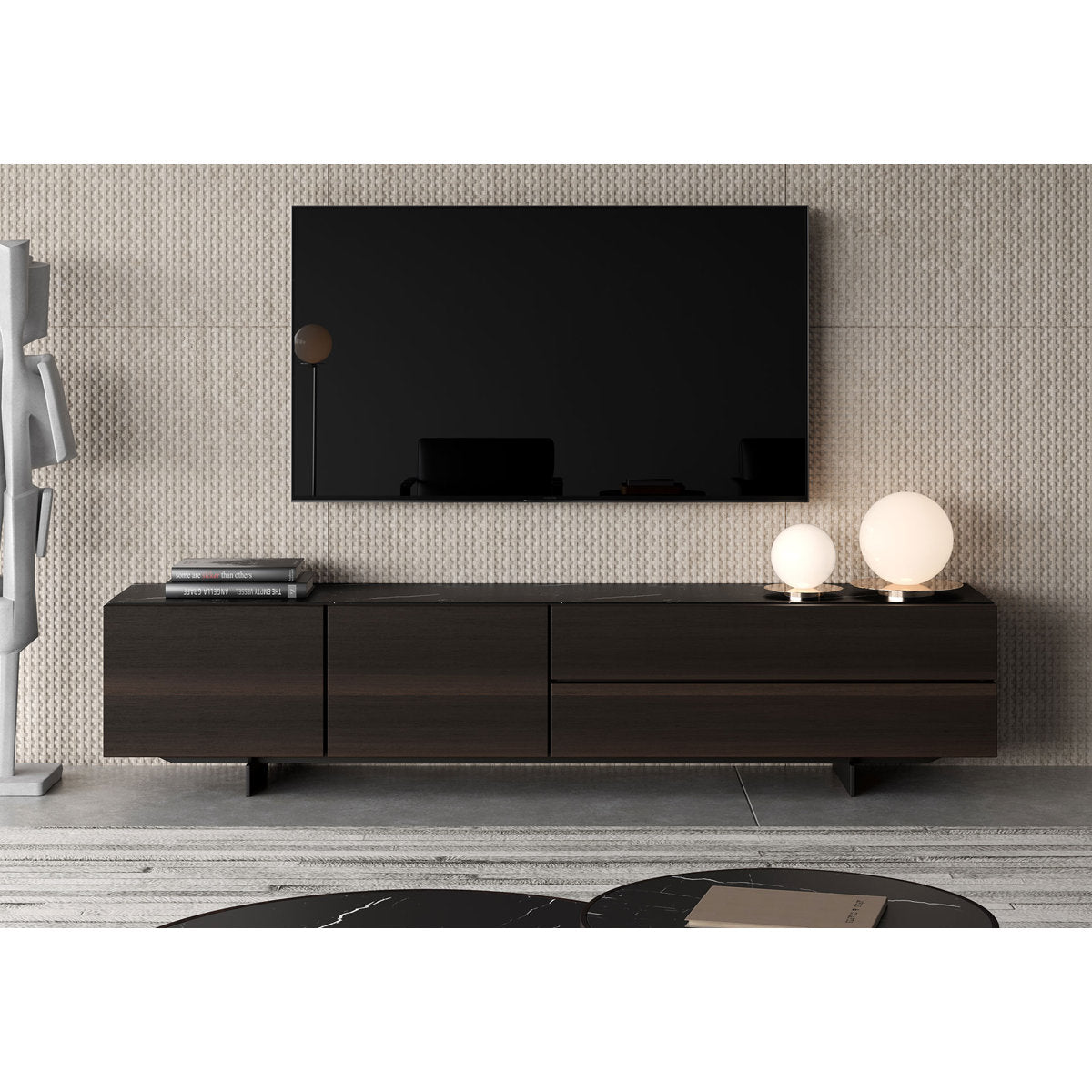 Fletcher Media Cabinet in Smoked Oak and Black Marble Ceramic