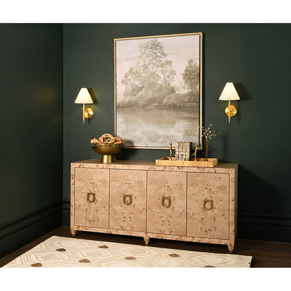 Four Door Buffet With Satin Brass Horsebit Inspired Hardware And Foot Caps In Burl Wood