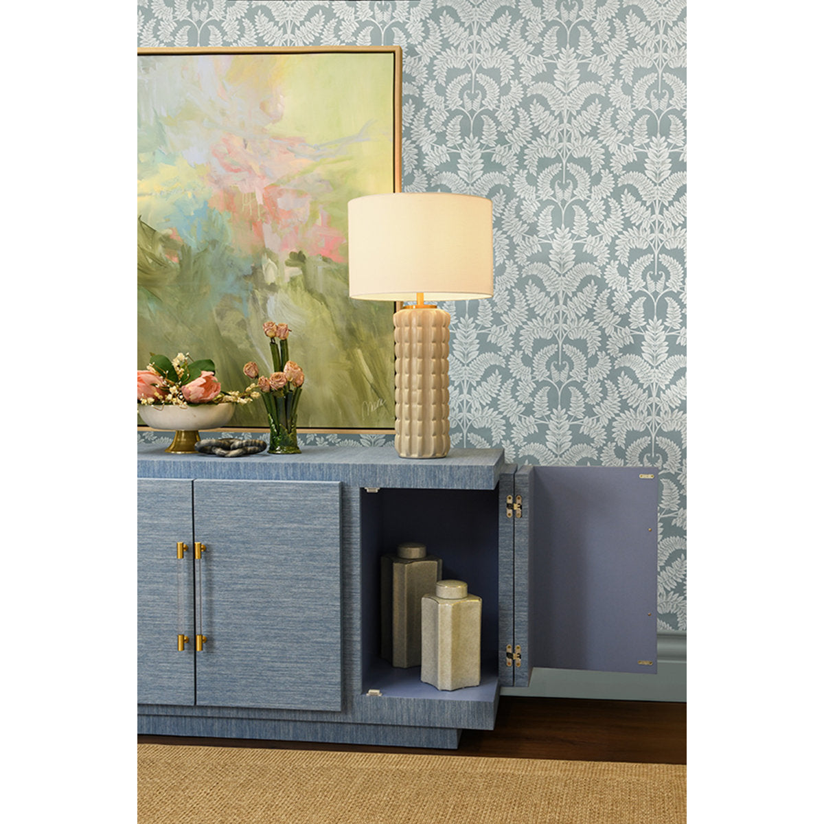 Four Door Wrap Around Modern Buffet With Brass Fluted Handles In Dyed Blue Grasscloth