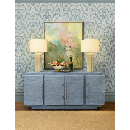 Four Door Wrap Around Modern Buffet With Brass Fluted Handles In Dyed Blue Grasscloth