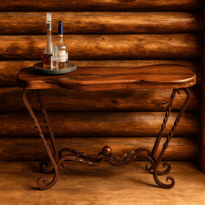 Freeform Mesquite Console Table: Handcrafted Rustic Entryway Table With Iron Base