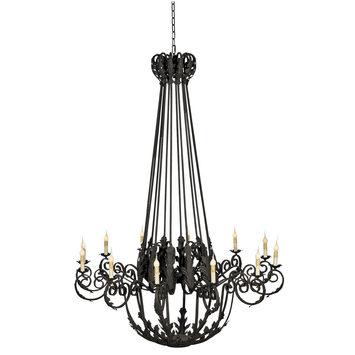 French 12-Light Candle Style Empire Chandelier with Wrought Iron Accent