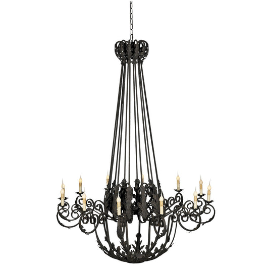 French 12-Light Candle Style Empire Chandelier with Wrought Iron Accent