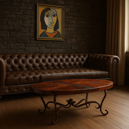 Hand-hammered Copper Coffee Table: Oxidized Finish, Wrought Iron Base