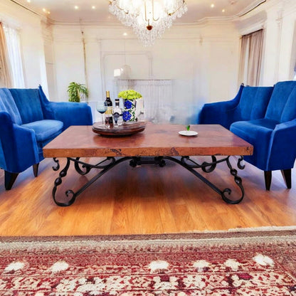 Hand-hammered Copper Coffee Table: Rustic Hacienda Style, Wrought Iron Base