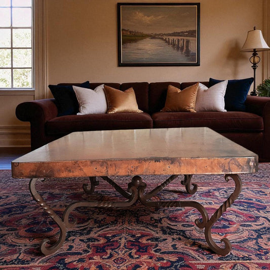 Hand-hammered Copper Coffee Table: Rustic Industrial Iron Base