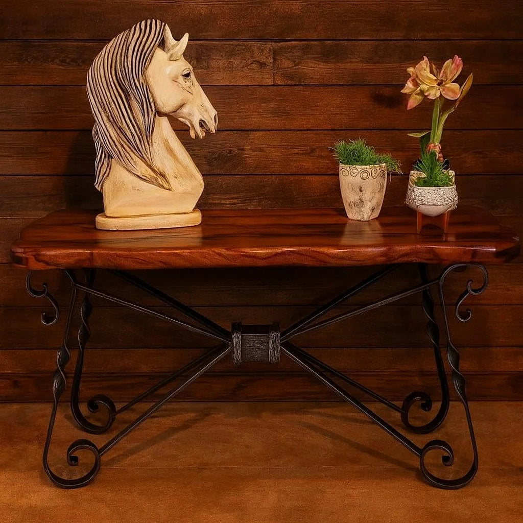 Handcrafted 72" Free Form Mesquite Wood Console Table: Rustic Modern Entryway Table With Forged Iron Base