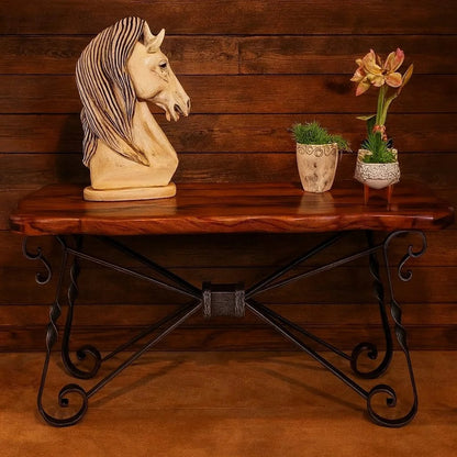 Handcrafted 72" Free Form Mesquite Wood Console Table: Rustic Modern Entryway Table With Forged Iron Base