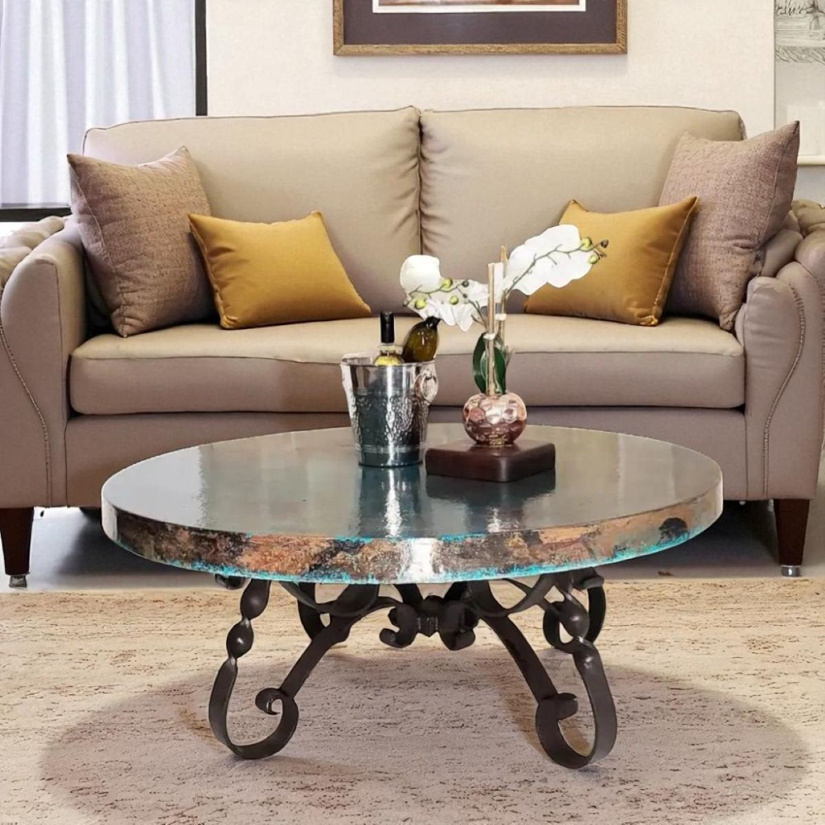 High End Coffee Table Snazzy Scroll Round Hammer Copper Top -1212 Aaa