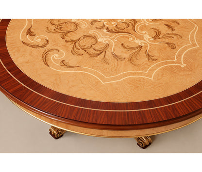 Italian Olive Ash & Rosewood Marquetry Round Dining Table with Gilt Pedestal