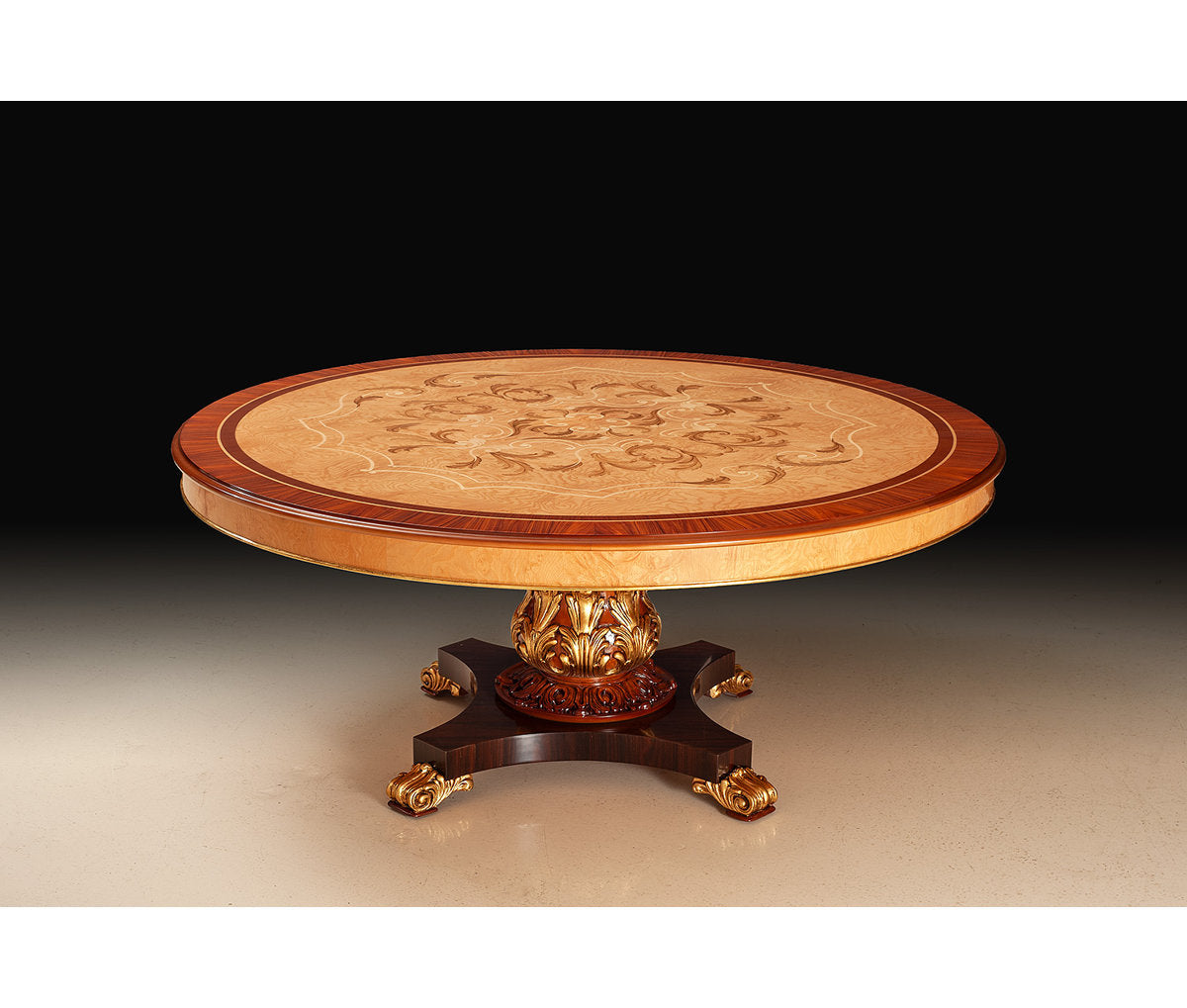 Italian Olive Ash & Rosewood Marquetry Round Dining Table with Gilt Pedestal