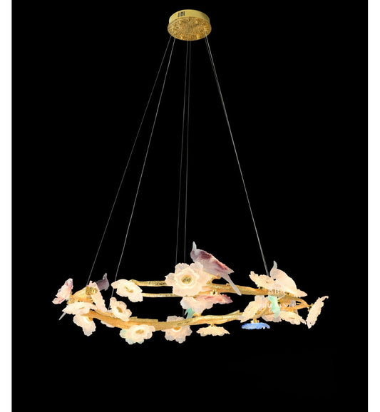 LIULI Glass Art Birds And Blooms Chandelier Lighting, 35" Dia