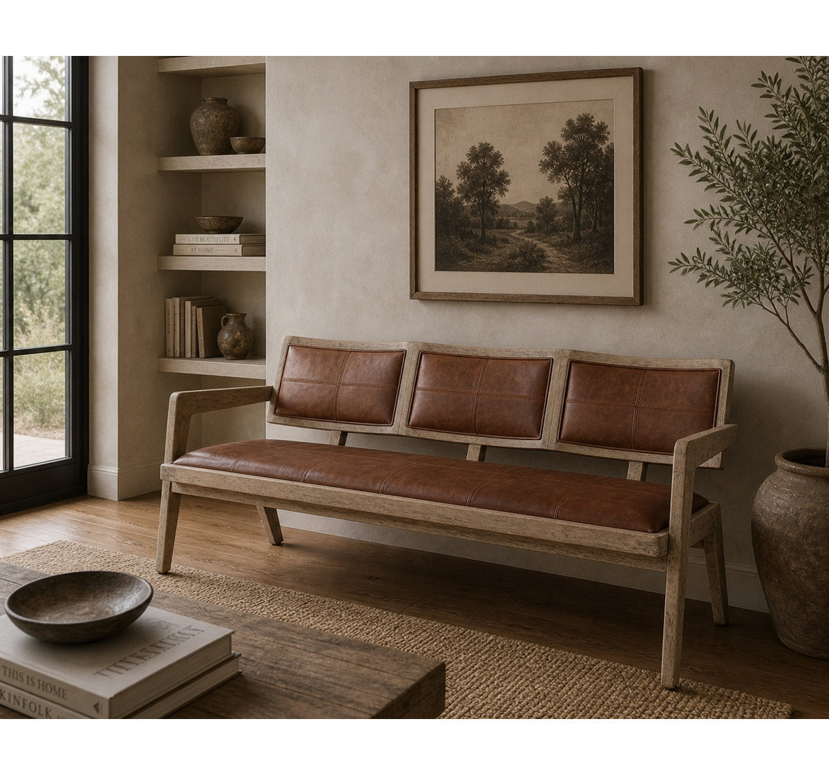 Mid-Century Woven Leather Arm Bench Weathered Natural
