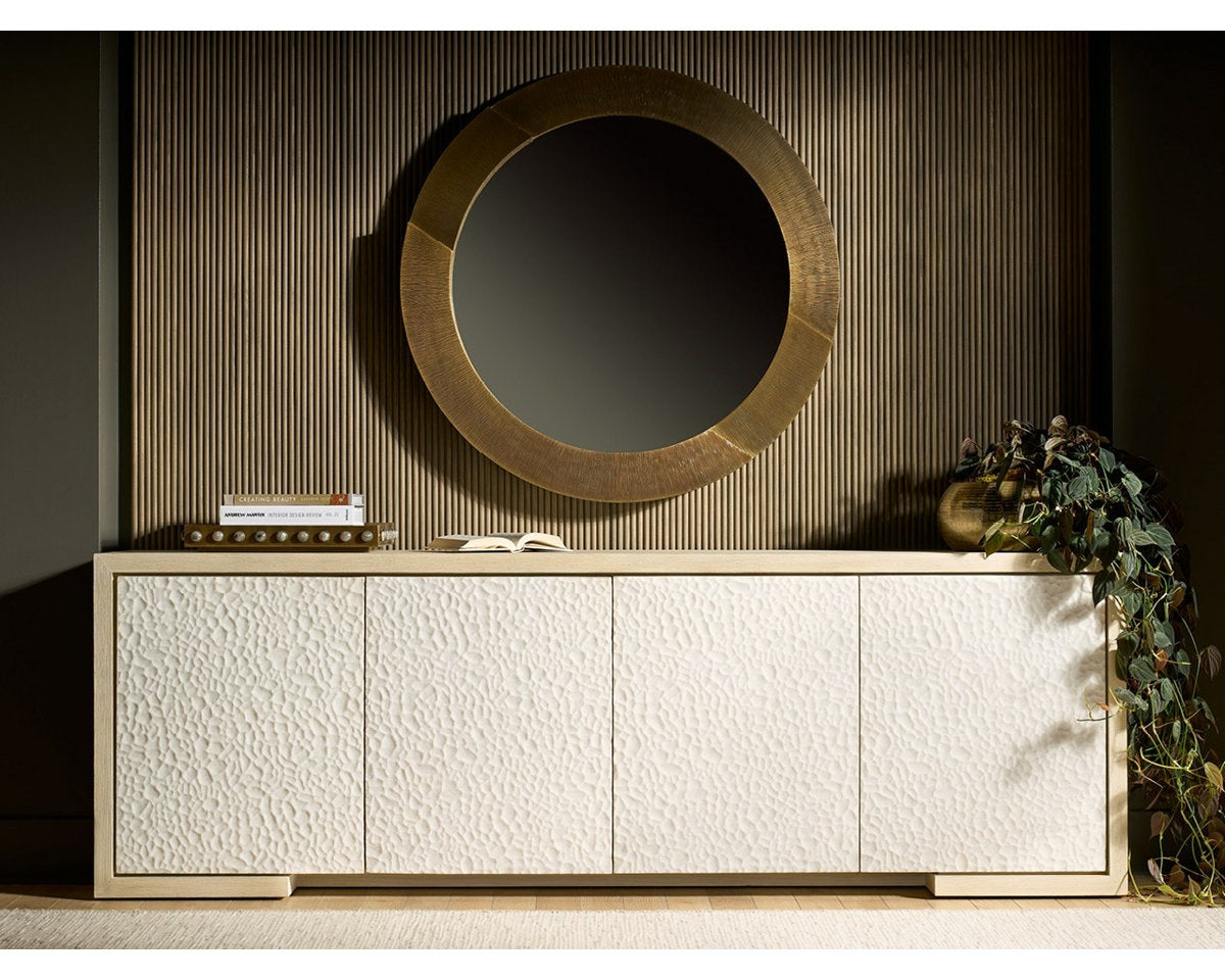 Modern Aurora 96" Wide Light Oak Carved Concrete Credenza