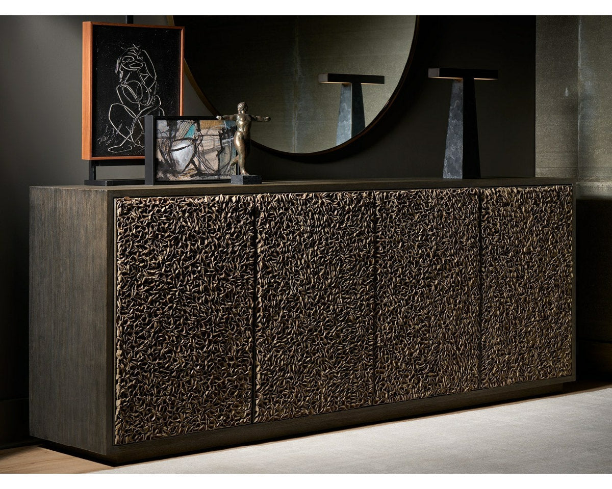 Modern Blossom 96" Wide Dark Oak Leather Petal Credenza