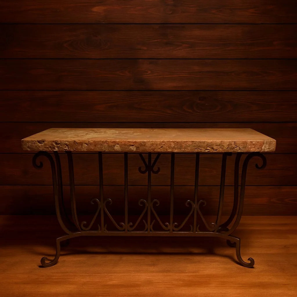 Peach Chiseled Travertine Stone Console Table - Hand Forged Wrought Iron - Mexports By Susana Molina