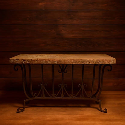 Peach Chiseled Travertine Stone Console Table - Hand Forged Wrought Iron - Mexports By Susana Molina