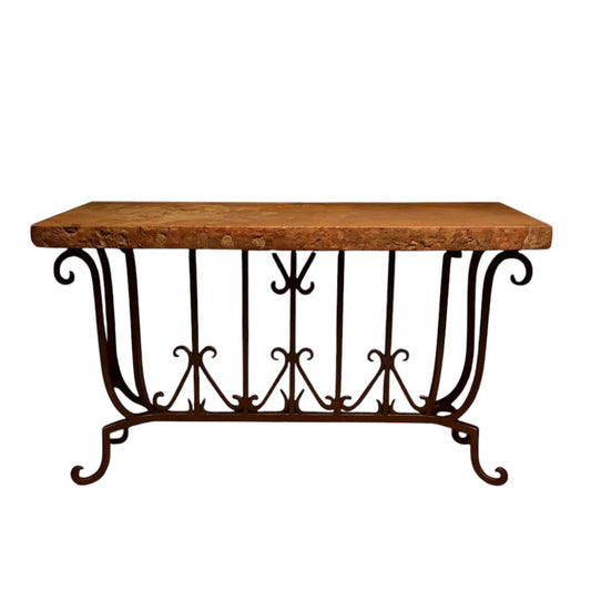 Peach Chiseled Travertine Stone Console Table - Hand Forged Wrought Iron - Mexports By Susana Molina