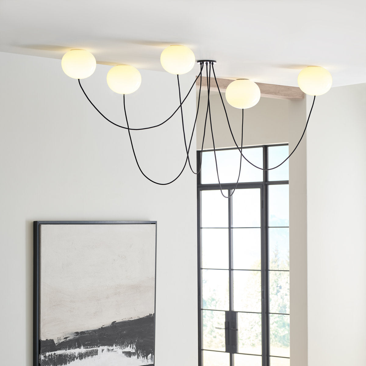 Peter Bristol Helium 5-light extra large LED chandelier in matte black finish with glass shades